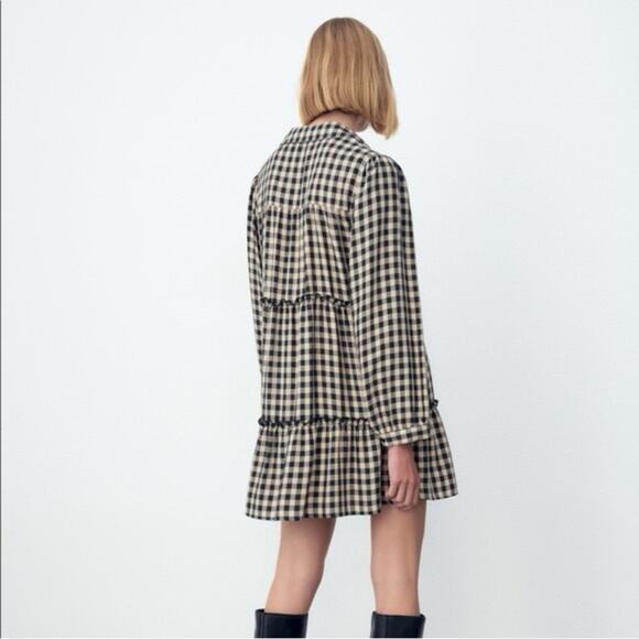 Zara Black and Tan Gingham Long Sleeve Mini Dress - Picture 5 of 8